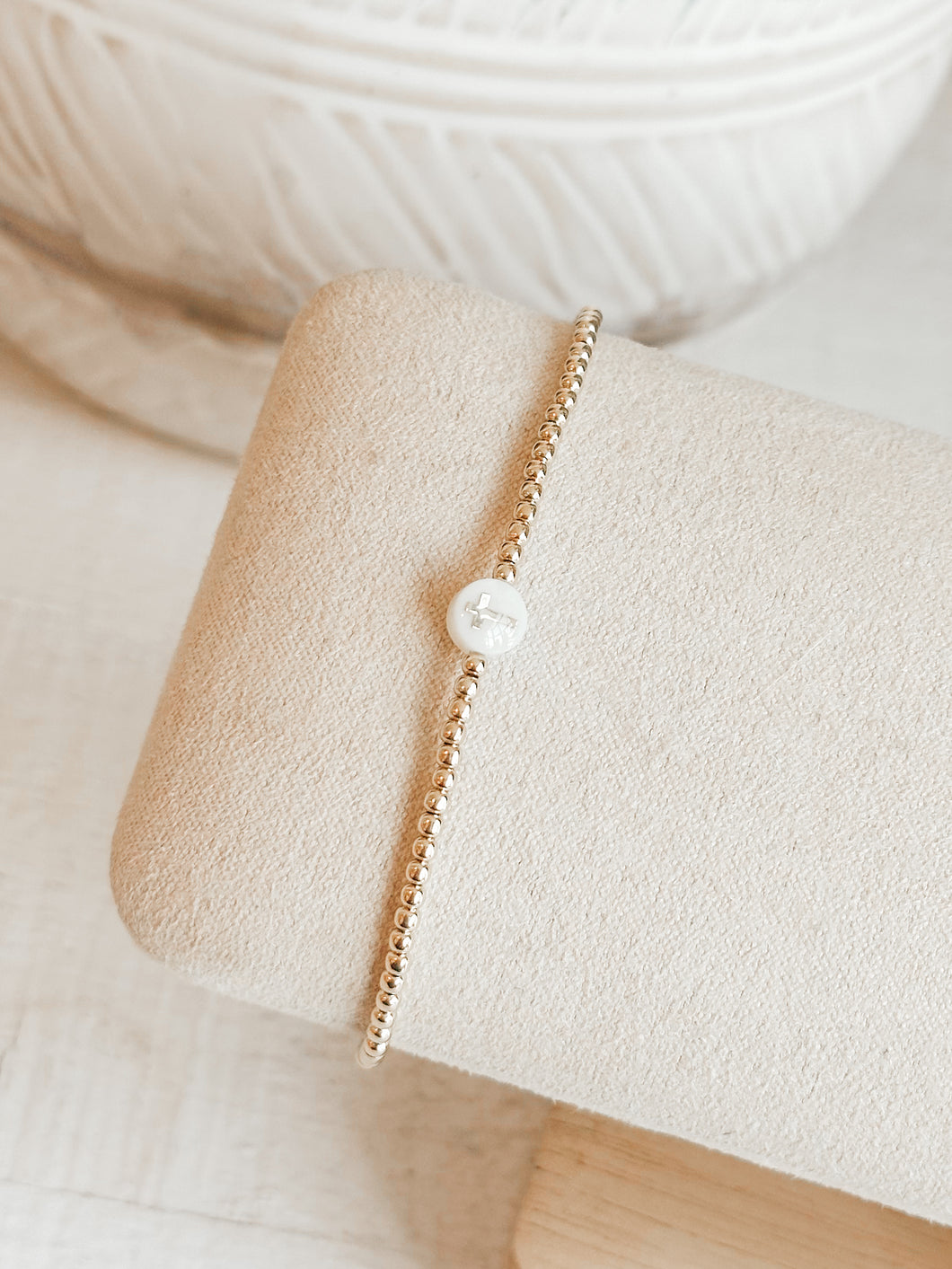 14K Gold Filled 2mm Cross Mother Of Pearl Bracelet